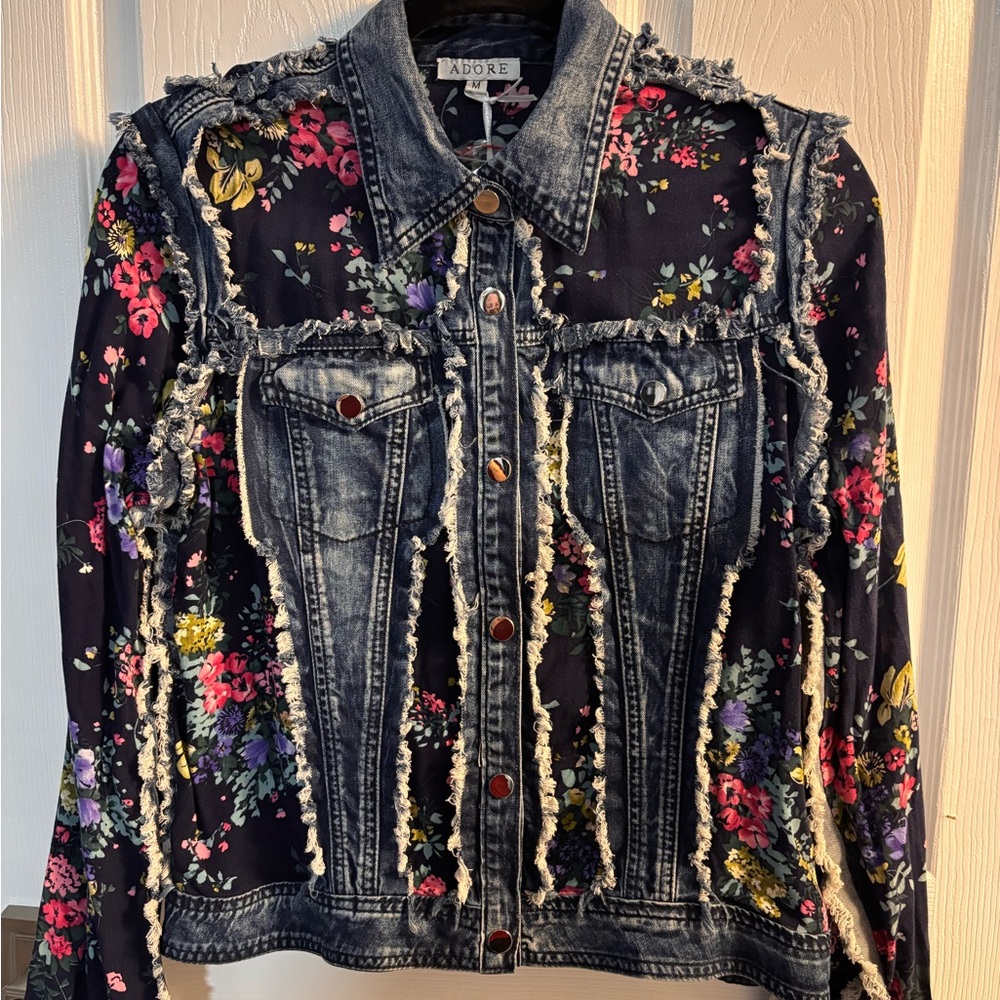 Adore Navy Floral-Accent Denim Jacket